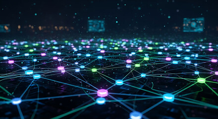 Cybernetic Futuristic Network Background With Neon Nodes