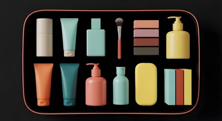 Cosmetic products organized neatly in a black tray with a peach colored accent line