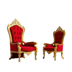 Two ornate red velvet thrones with gold trim stand against a stark black background