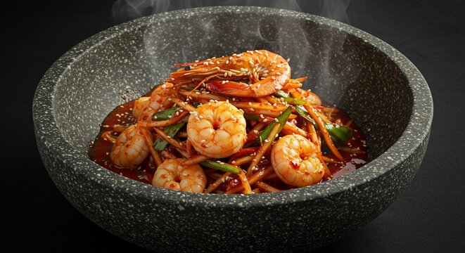 Authentic Jjamppong Style Seafood Pasta Topped with Fresh Prawns and Sesame Seeds in Granite Pot