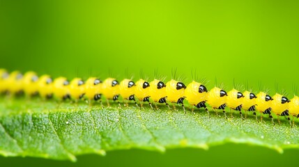 Fototapeta premium A bright yellow caterpillar with black spots crawls along a green leaf
