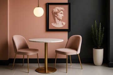 Chic Modern Interior with Pink Velvet Chairs and Color Block Wall