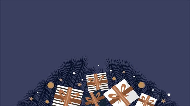 Blue background with stacked Christmas gifts and pine decorations