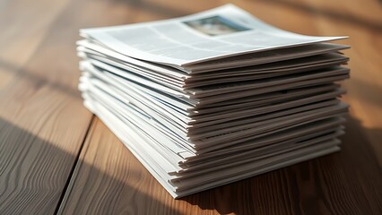 A stack of unread printed materials on a wooden surface, textured by soft overhead lighting in neutral tones.