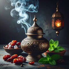 Ornate bronze pot with dates and mint, smoky aroma
