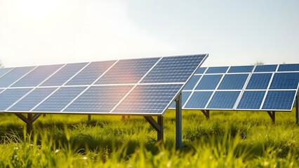 Solar panels in a sunlit field, representing sustainable energy and environmental care.