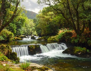 Serene Waterfall Cascade Amidst Lush Forest