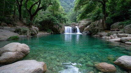 Naklejka premium Waterfall Cascading Into Emerald Pool Surrounded By Lush Tropical Foliage and Trees in Verdant Forest with Rocks and Clear Water in Daylight
