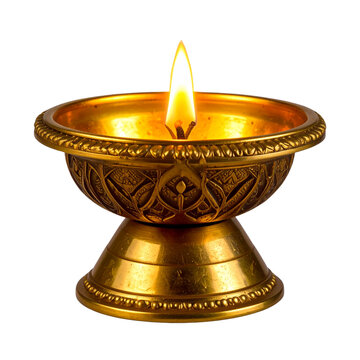 Golden oil lamp with a lit wick ornate design festive light