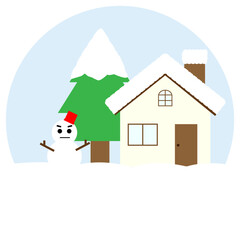 雪が積もったモミの木と家と雪だるまのイラスト