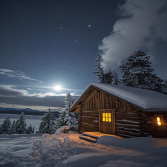Old rustic cottage nestled in a snowy mountain landscape under a winter sky