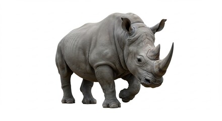 Obraz premium 真っ白な背景に堂々たる威厳を放ち力強く踏み出す巨大なサイ鮮明な孤立描写がその圧倒的な存在感を際立たせる印象的な一枚. AI Generated