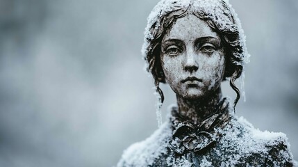 Frozen girl statue, covered in snow