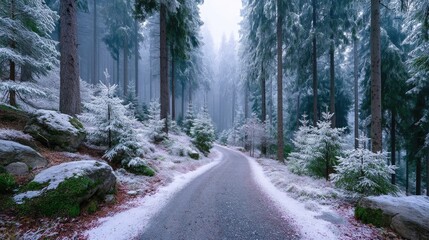 Obraz premium Snowy Forest Path Through Winter Wonderland with Evergreen Trees and Gentle Snowfall in Cinematic Lighting for Tranquil Landscape Scene