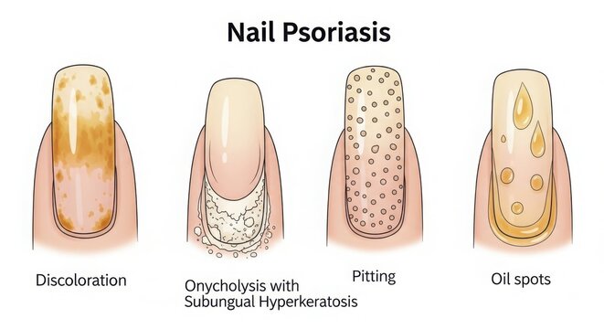 Nail psoriasis symptoms: discoloration, onycholysis, pitting, oil spots