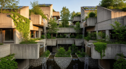 A unique architectural marvel showcasing a harmonious blend of nature and modern design. A stunning modern complex emerges, integrating lush greenery with concrete structures.