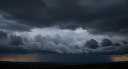 Obraz premium 分厚い暗雲が低く垂れ込め遠くで激しい雨が降る光が差し込む不気味で美しい雷雨の情景. AI Generated