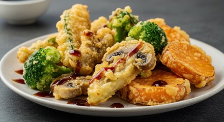 Fototapeta premium 様々な種類の野菜が織りなす揚げたて熱々のサクサク天ぷら盛り合わせ食欲そそる鮮やかな色彩と絶妙な光加減とろりとした甘辛い特製ソースが美味しさを引き立てる. AI Generated