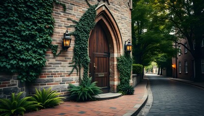 Fototapeta premium Charming brick building with ivy covered entrance and cobblestone street in quiet neighborhood