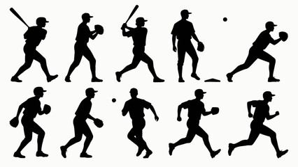 Silhouettes of baseball players' body movements, a collection of vector illustrations