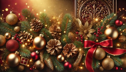 A luxurious festive holiday background blending rich gold and deep red tones for a regal holiday ambiance