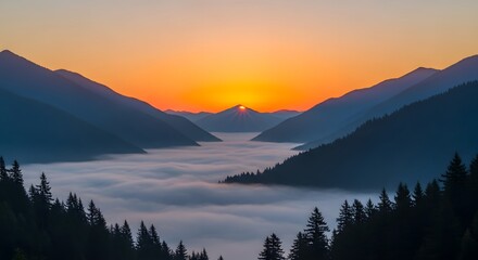 Fototapeta premium Sunrise over the mountains with fog in the valley creating a beautiful landscape view