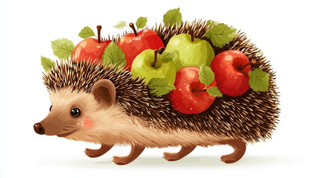 Cute hedgehog carrying apples