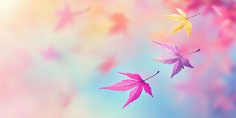 Illustration style maple leaves in yellow, purple and pink hues against gradient background of yellow, pink and blue, with blurred leaf silhouettes creating light and romantic autumn scene.