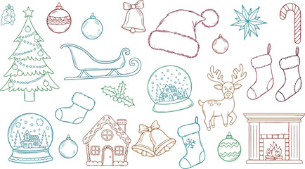 Vector art of assortment of christmas elements like tree, sleigh, reindeer, and gingerbread house
