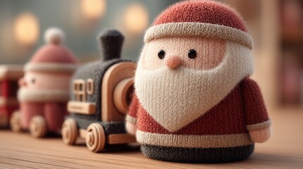 santa claus Festive Santa toy beside a train on a wooden surface. .merry christmas and happy new year