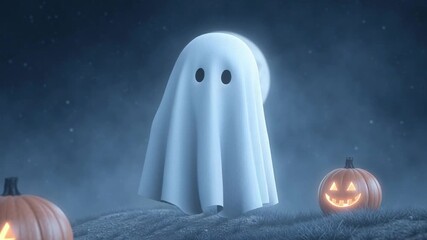 halloween cute cartoon ghost on a moonlight background with pumpkin,halloween ghost Floating in the moonlight,spooky halloween night,halloween pumpkin and ghost
