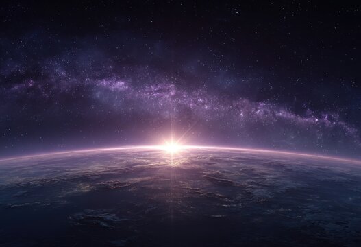 Planet at Sunrise with Purple Milky Way Galaxy, Starry Space Background and Cosmic Light. Astronomical, Sci-Fi and Celestial Exploration Concept.