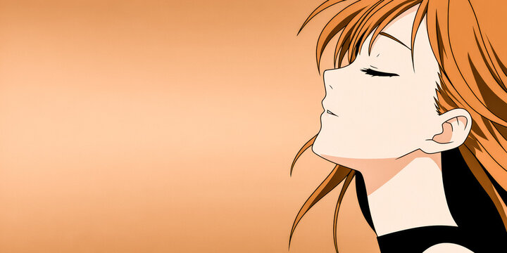 Woman with orange hair enjoys a peaceful moment while facing the side against a warm background