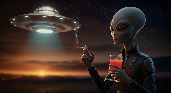 Alien smoking cigarette sunset