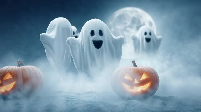 halloween cute cartoon ghost on a moonlight background with pumpkin,halloween ghost Floating in the moonlight,spooky halloween night,halloween pumpkin and ghost