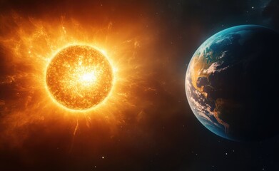 Obraz premium Sun and Earth in Deep Space with Glowing Solar Flares, Detailed Planet View and Starry Cosmic Background. Astronomical, Sci-Fi and Planetary Exploration Concept.
