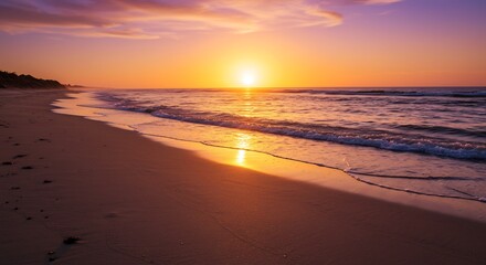 Fototapeta premium 鮮やかな夕焼け空が広がるビーチ黄金色の光が海面と砂浜を染め上げ波打ち際が煌めく美しい光景. AI Generated