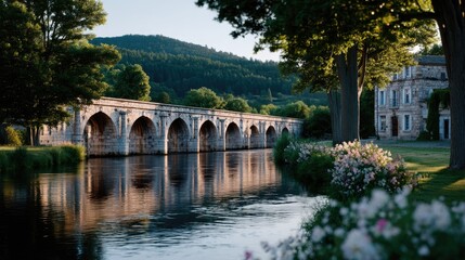 Fototapeta premium Picturesque Old Stone Bridge Reflected in Calm River at Golden Hour Surrounded by Lush Greenery and Flowers in Pastoral Landscape Scenery