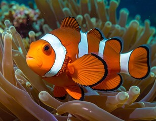 Vibrant clownfish nestled amidst anemone's delicate embrace