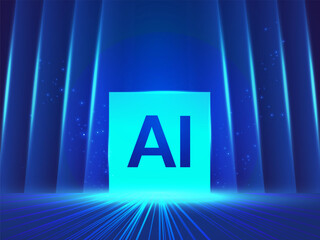 Artificial intelligence with Futuristic AI Cube at the center and glowing light background vector design concept. AI technology for advance technology, robotics, automations, website, blockchain.