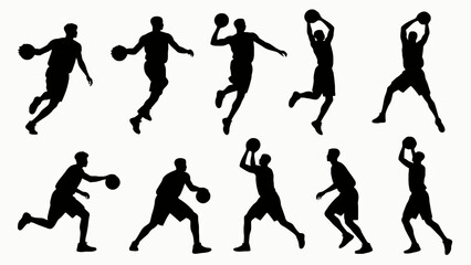 Silhouettes of basketball players' body movements, a collection of vector illustrations