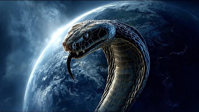 Giant cobra with extended tongue poised before a luminous blue planet in outer space