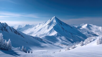 Snowy Mountain Peak in Winter Landscape with Blue Sky Panoramic View