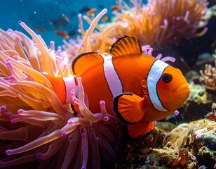 Vibrant clownfish nestled within a coral garden