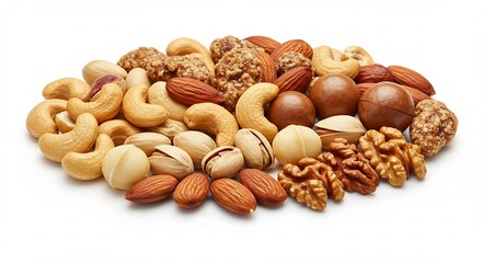 明るい光の中で美しく輝く種類豊富なナッツ新鮮な色合いと豊かな食感が食欲をそそる. AI Generated