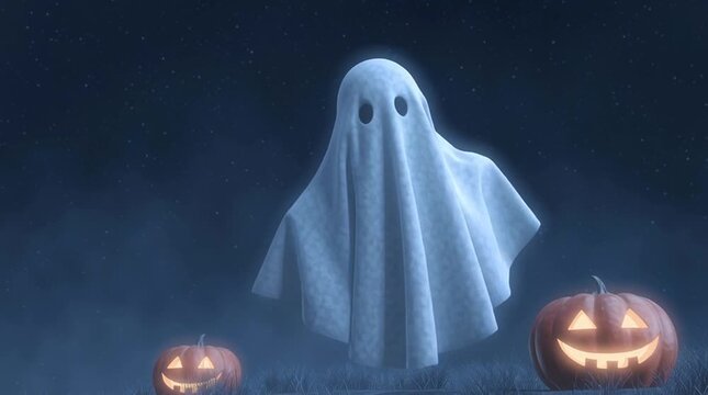 halloween cute cartoon ghost on a moonlight background with pumpkin,halloween ghost Floating in the moonlight,spooky halloween night,halloween pumpkin and ghost