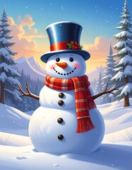 Obraz premium Cheerful snowman in top hat and scarf, snowy mountain backdrop