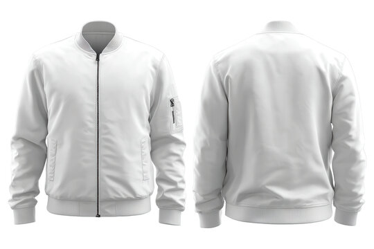 White bomber jacket front and back view mockup design template isolated on a white background