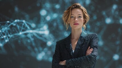 Poised Woman with Modern Tech Backdrop: A confident woman stands with arms crossed, radiating intelligence and poise, set against a backdrop of a luminous, cutting-edge technological display.