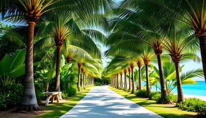 Fototapeta premium Tropical paradise with palm trees and a path leading to the beach on a sunny day scene